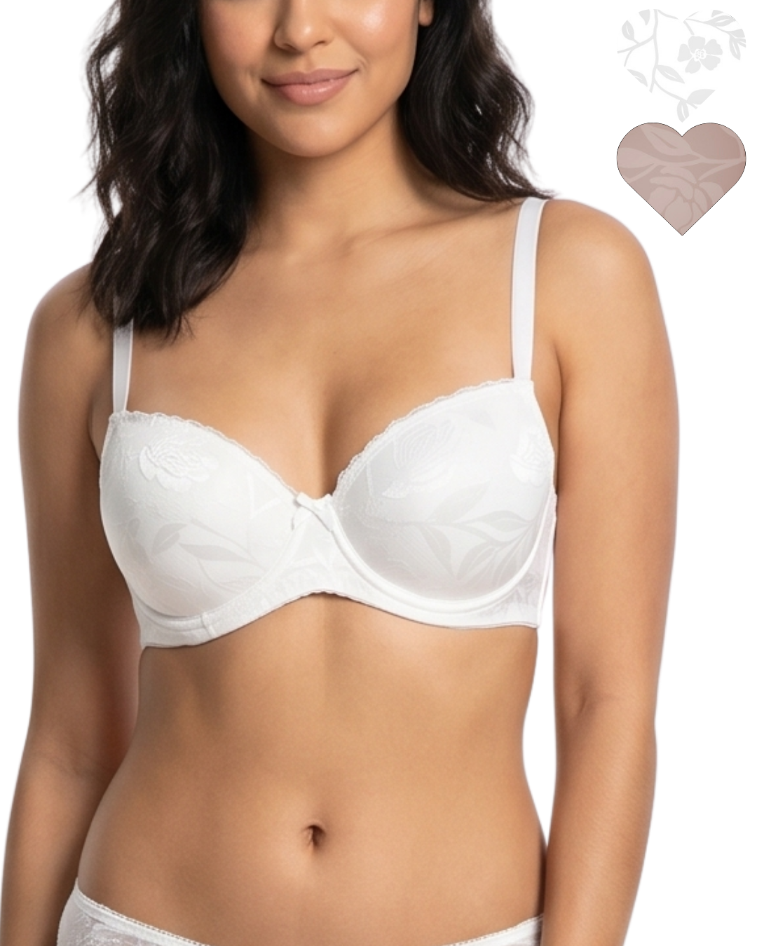 Woman wearing a white bra with a plain background