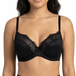 Woman wearing a black bra on a white background