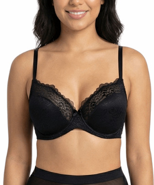 Woman wearing a black bra on a white background