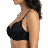 Woman wearing a black bra on a white background