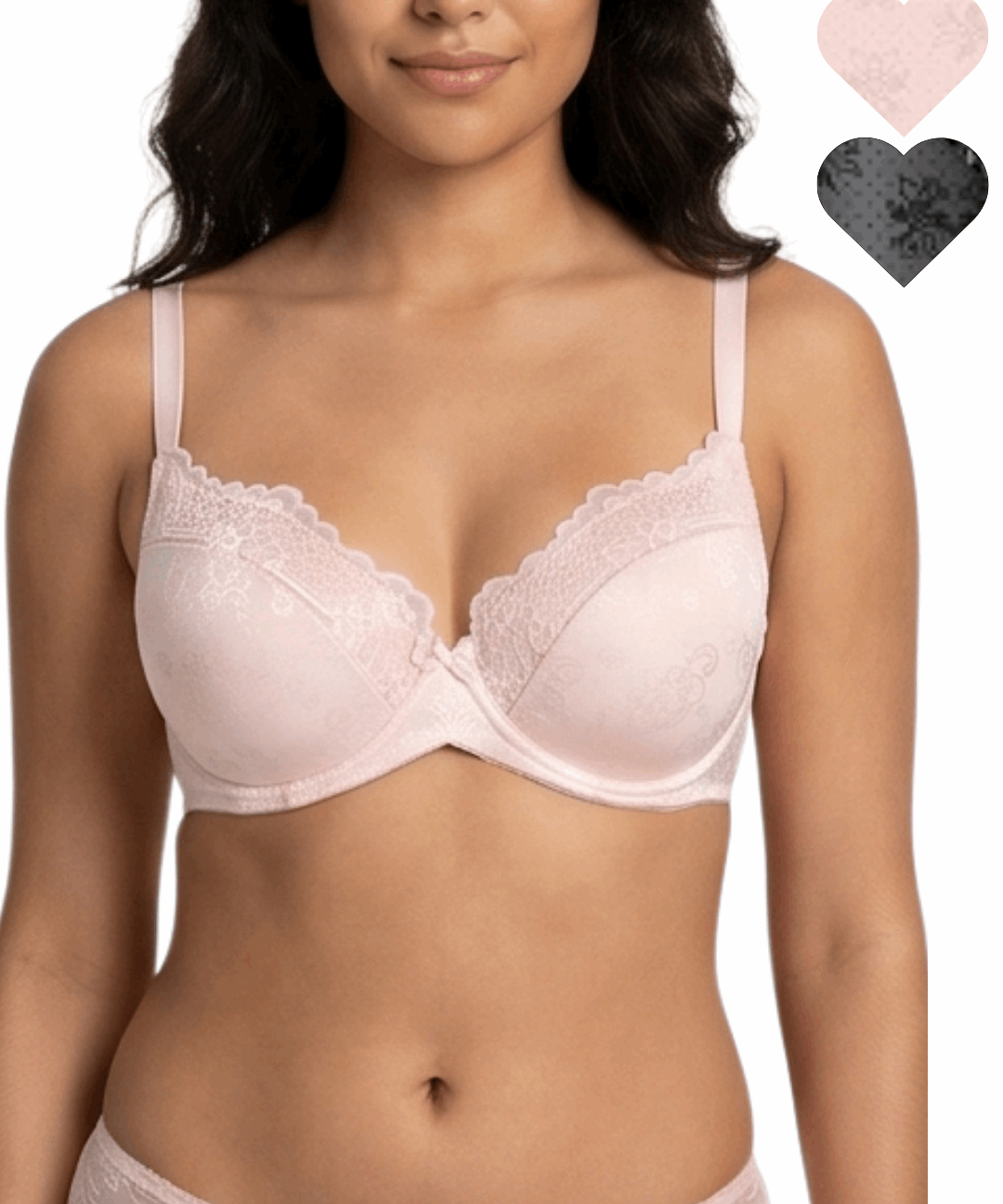 Woman wearing a pink bra with heart-shaped insets showing different color options.