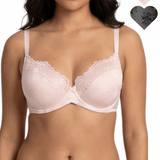 Woman wearing a pink bra with heart-shaped insets showing different color options.