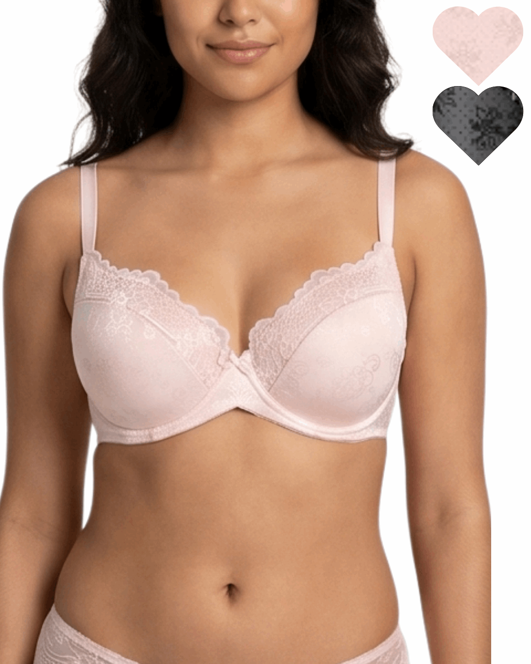 Woman wearing a pink bra with heart-shaped insets showing different color options.
