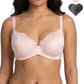 Woman wearing a pink bra with heart-shaped insets showing different color options.