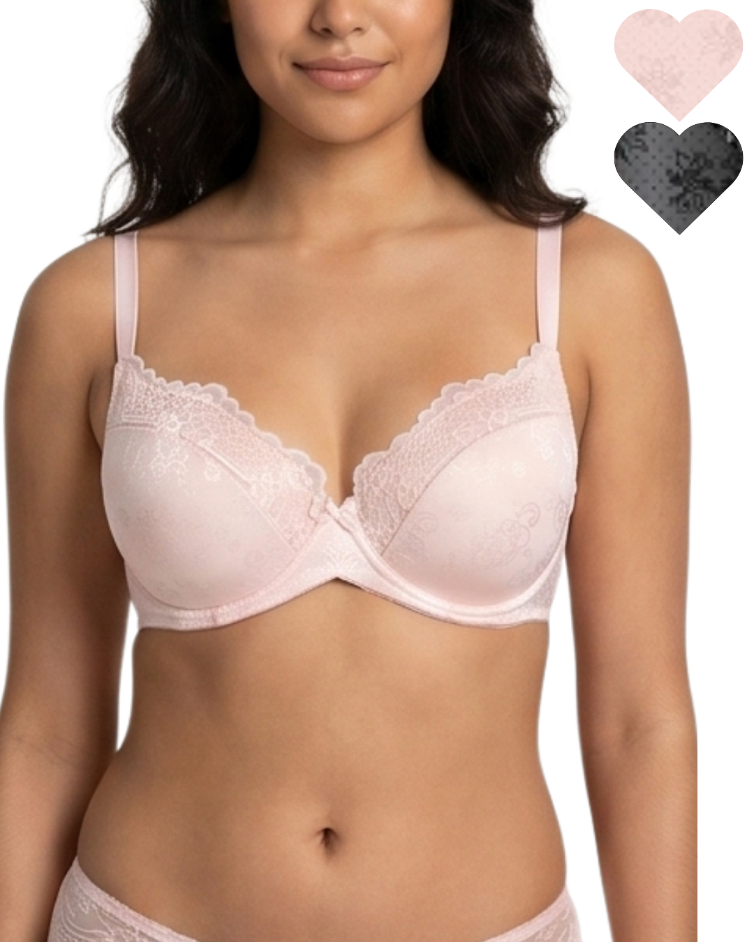 Woman wearing a pink bra with heart-shaped insets showing different color options.