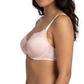 Woman wearing a light pink bra and panties set on a white background