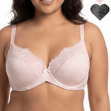 Woman wearing a pink floral lace bra with heart icons showing color options on a white background.