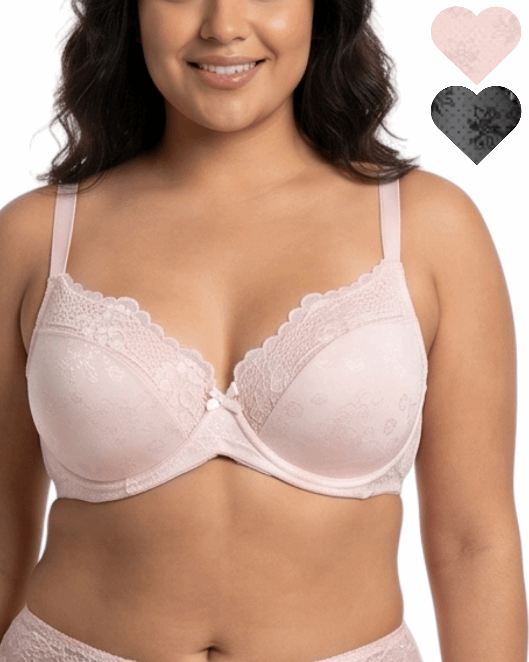 Woman wearing a pink floral lace bra with heart icons showing color options on a white background.