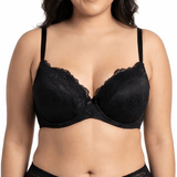 Woman wearing a black lace bra on a white background