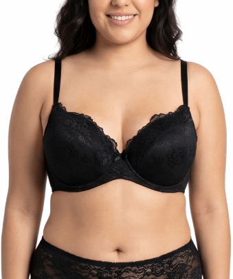 Woman wearing a black lace bra on a white background