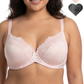 Woman wearing a pink floral lace bra with heart icons showing color options on a white background.