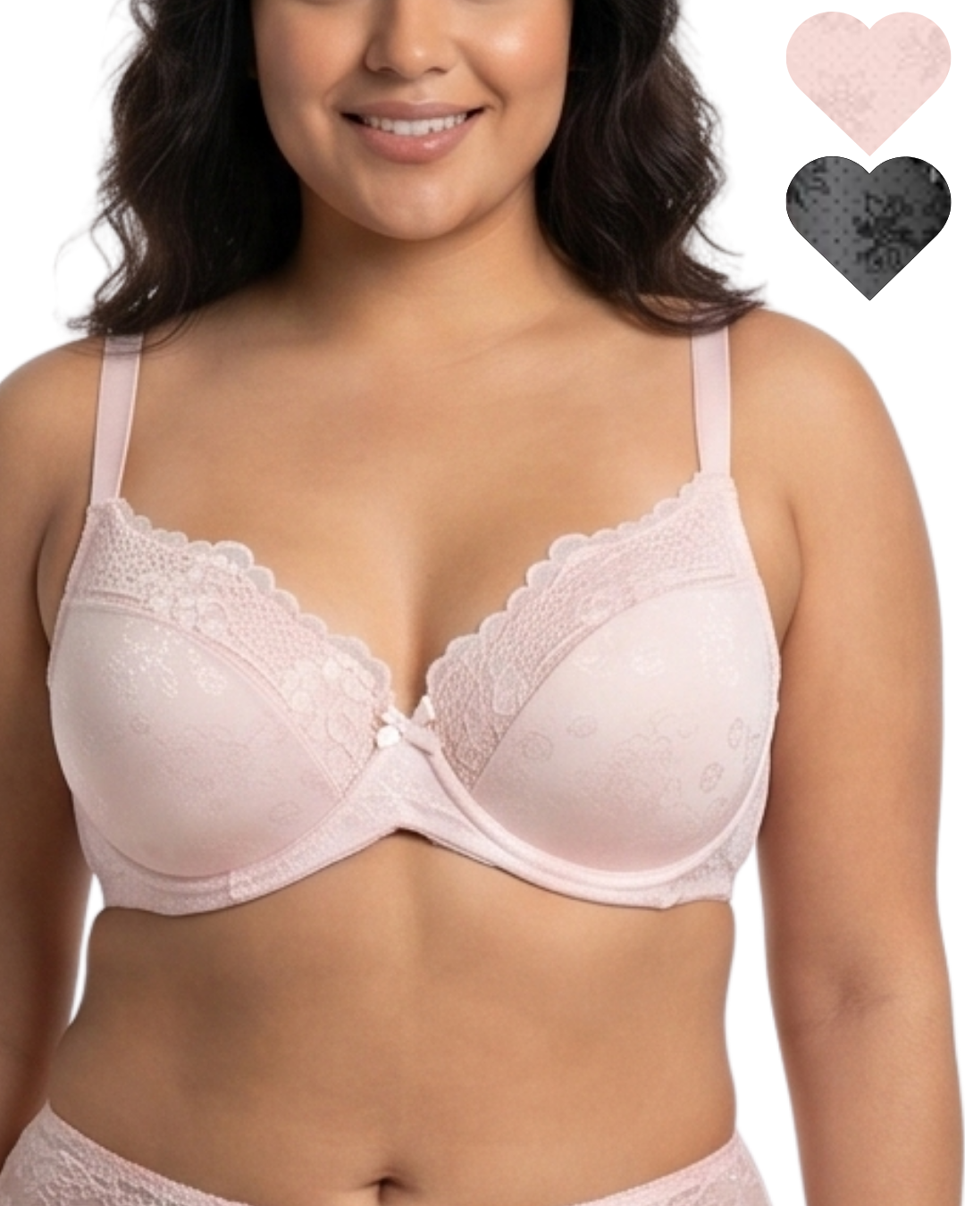 Woman wearing a pink floral lace bra with heart icons showing color options on a white background.