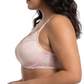 Woman wearing light pink comfort bra in a white background.