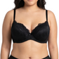 Woman wearing a black lace bra on a white background