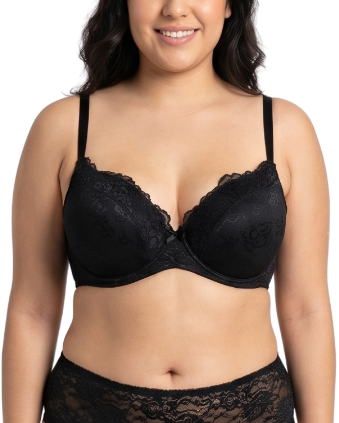 Woman wearing a black lace bra on a white background