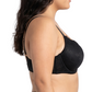 Woman wearing a black lace bra on a white background