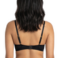 Woman wearing a black bra on a white background