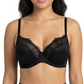 Woman wearing a black bra on a white background