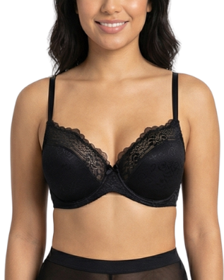 Woman wearing a black bra on a white background