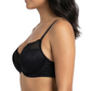 Woman wearing a black bra on a white background