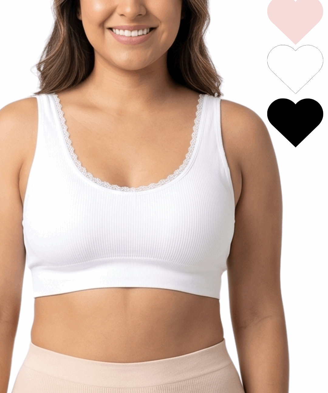 Woman wearing a white comfort bra on a white background