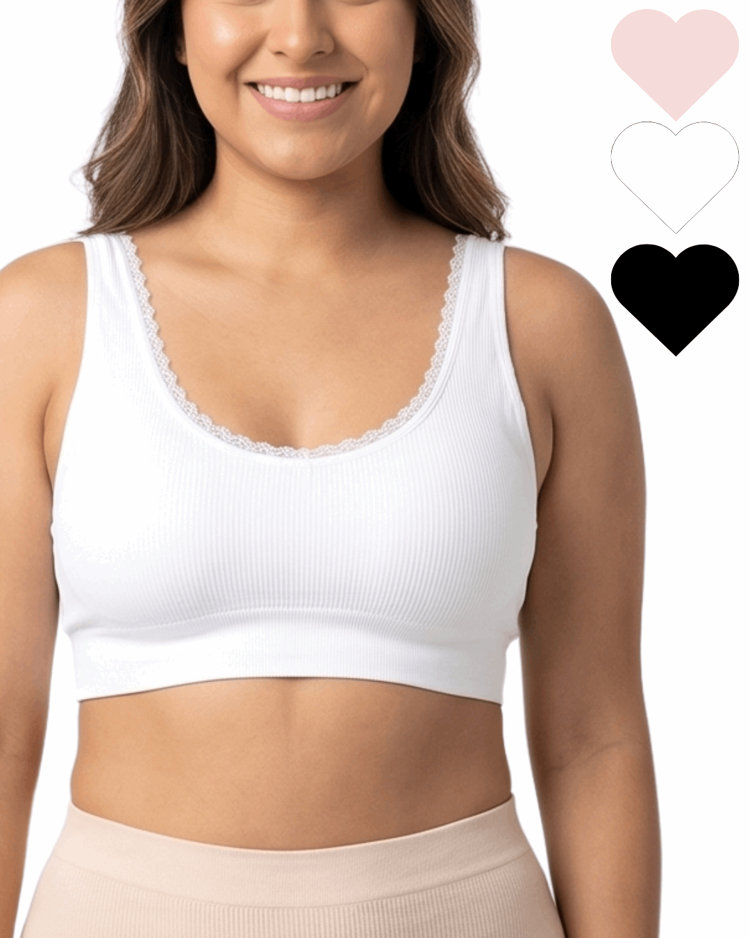 Woman wearing a white comfort bra on a white background