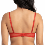 Woman wearing a red lace bra on a white background
