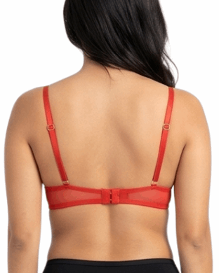 Woman wearing a red lace bra on a white background