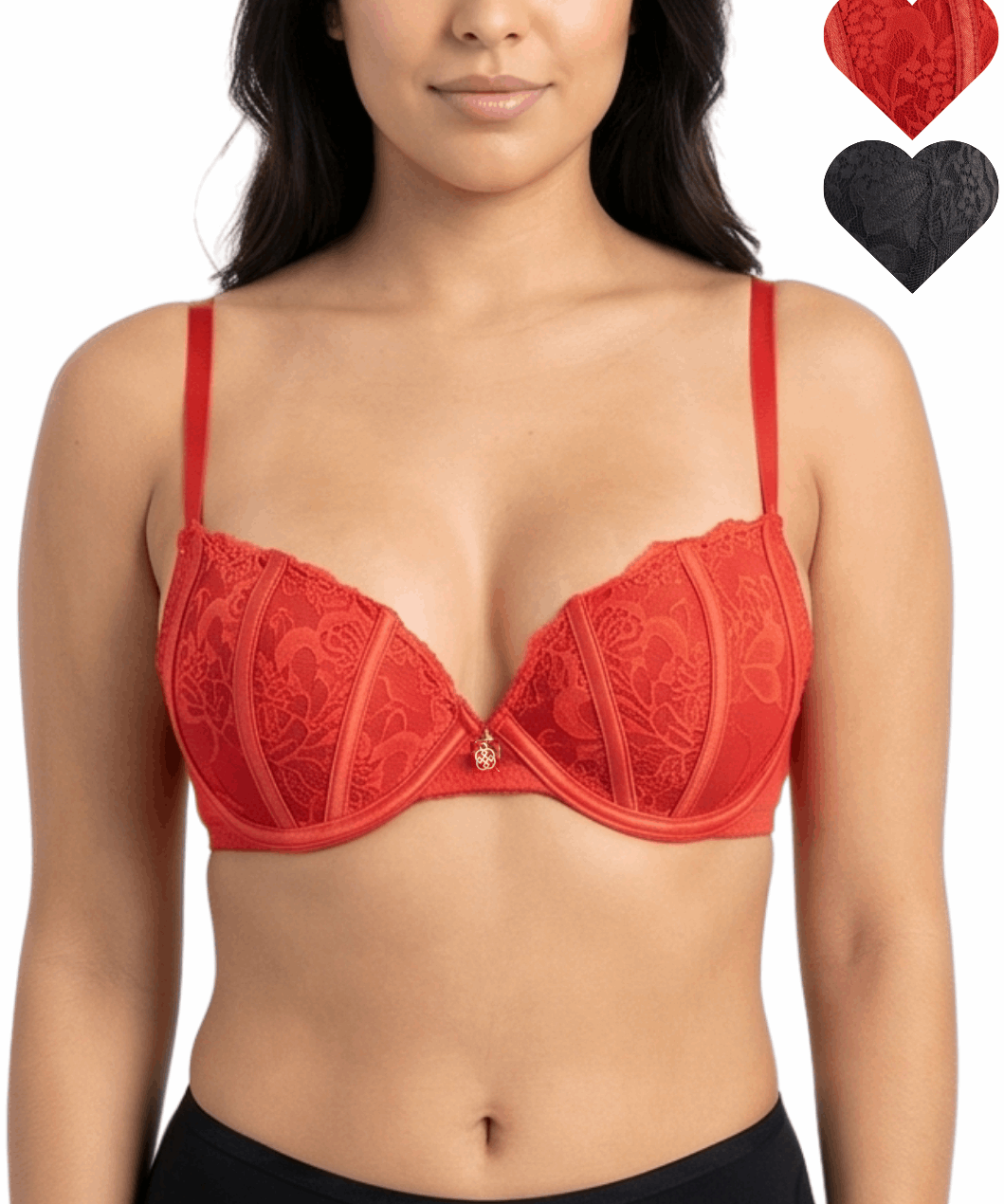 Red bra worn by a model with heart icons for color options on a white background