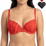 Red bra worn by a model with heart icons for color options on a white background