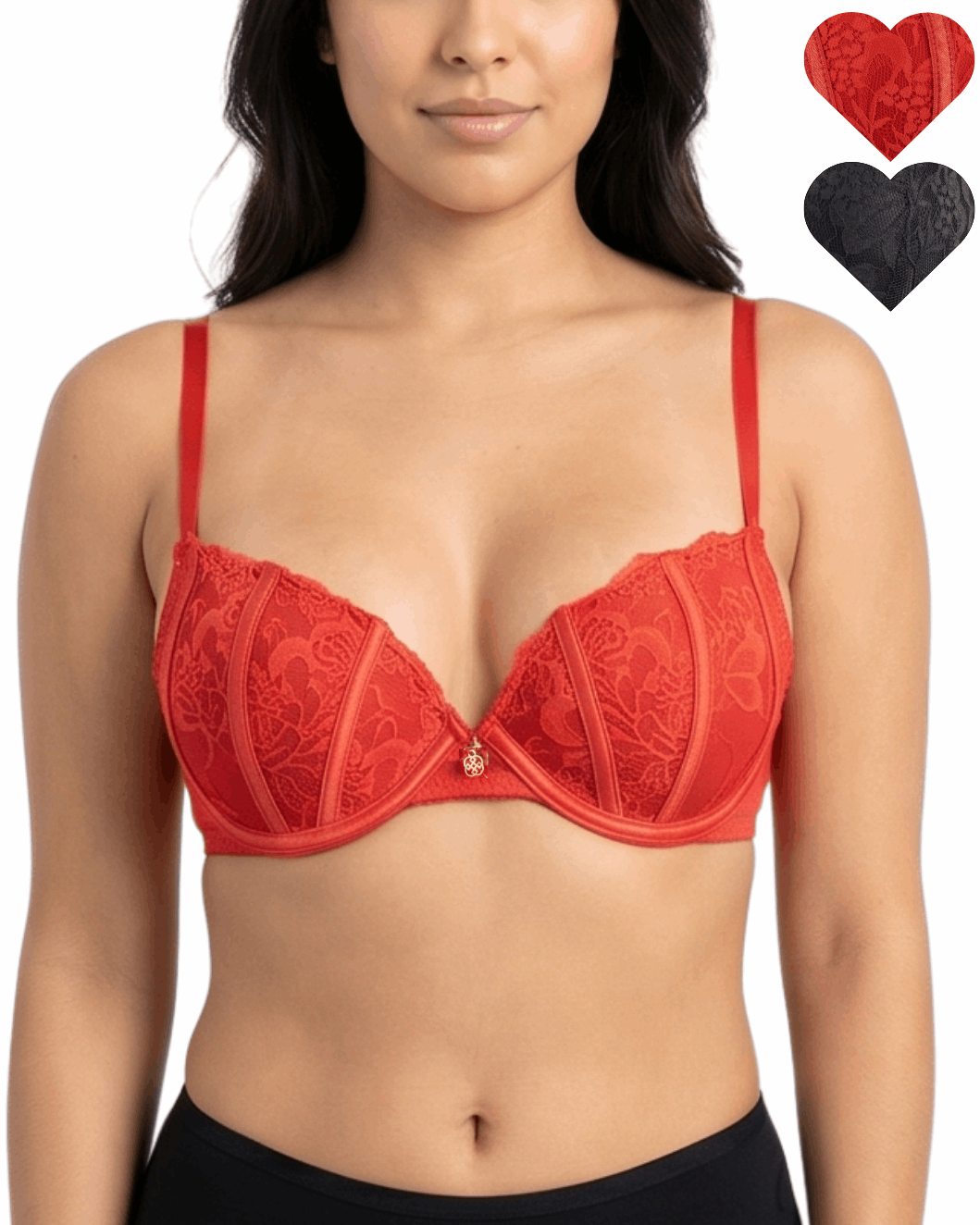 Red bra worn by a model with heart icons for color options on a white background