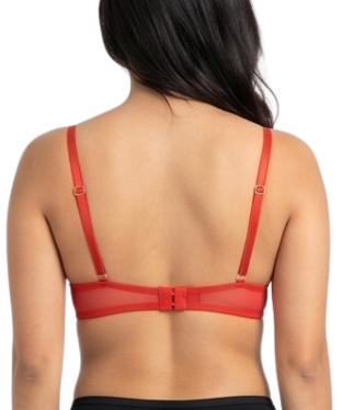 Woman wearing a red lace bra on a white background