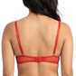 Woman wearing a red lace bra on a white background