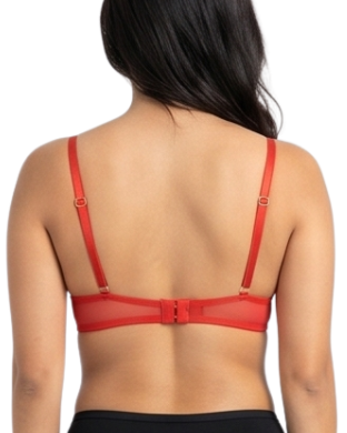 Woman wearing a red lace bra on a white background