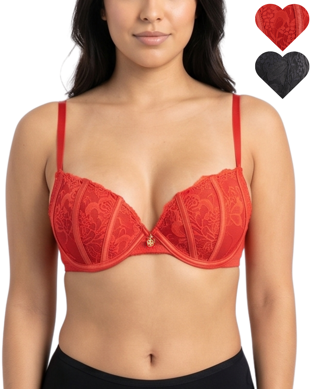 Red bra worn by a model with heart icons for color options on a white background