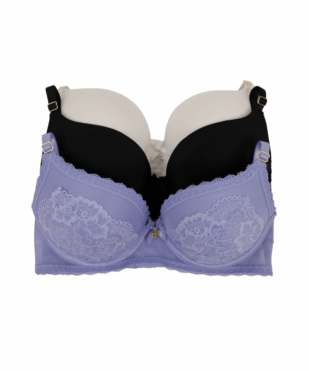 Purple bra with lace details on a white background