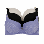 Purple bra with lace details on a white background