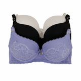 Purple bra with lace details on a white background