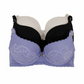 Purple bra with lace details on a white background