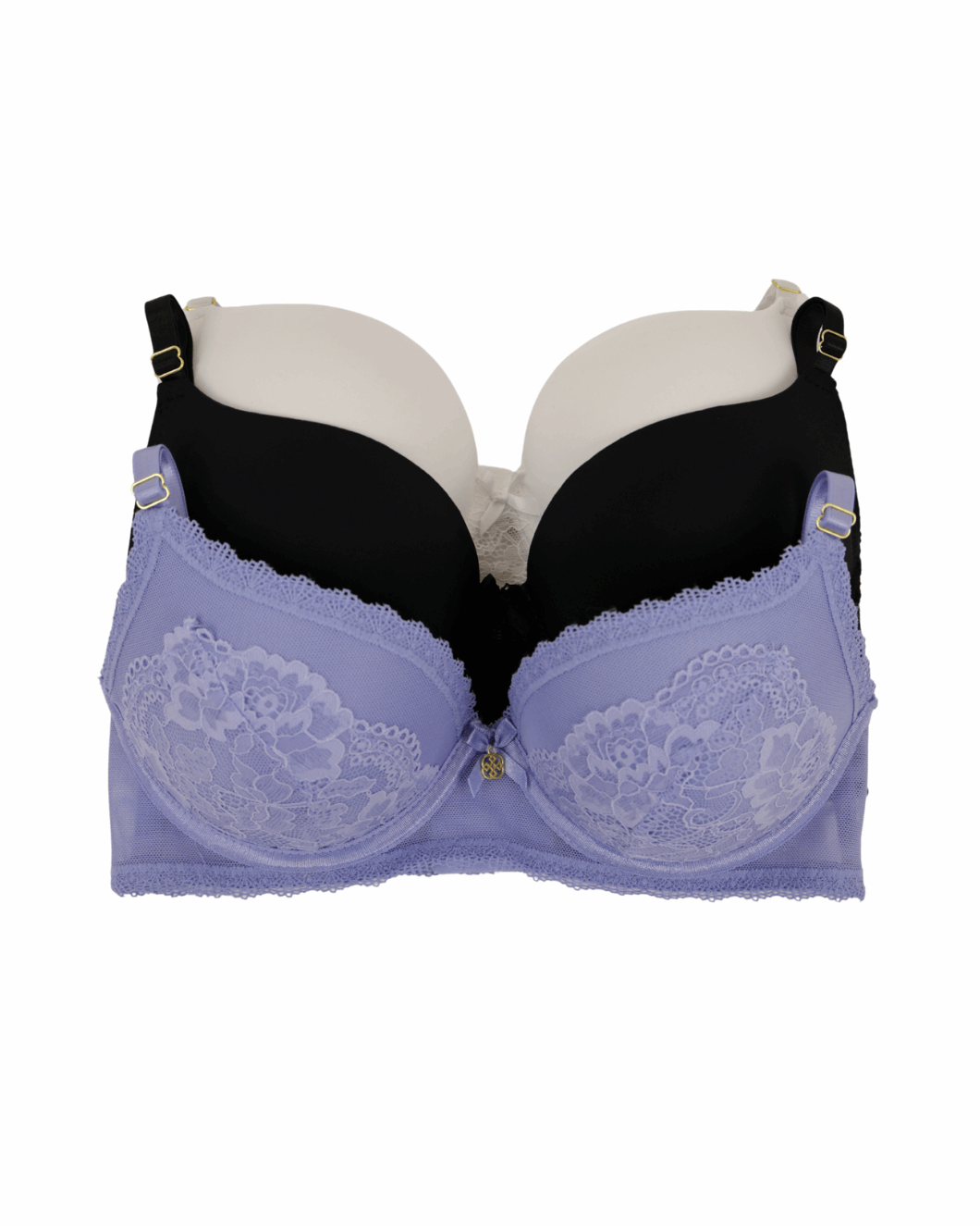 Purple bra with lace details on a white background