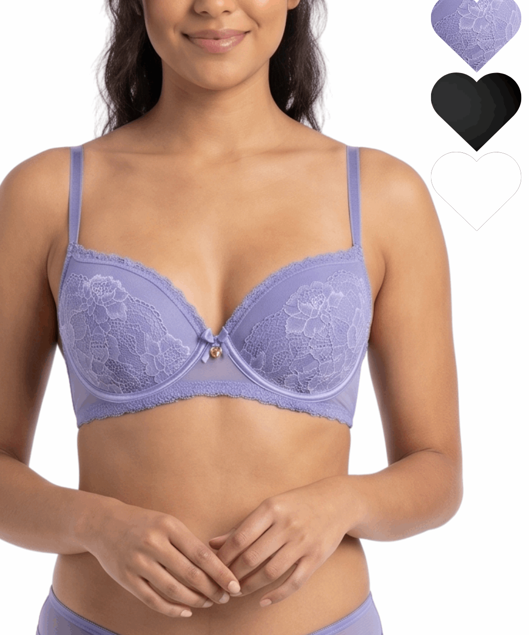 Woman wearing a purple bra with heart icons showing color options on a white background