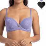 Woman wearing a purple bra with heart icons showing color options on a white background