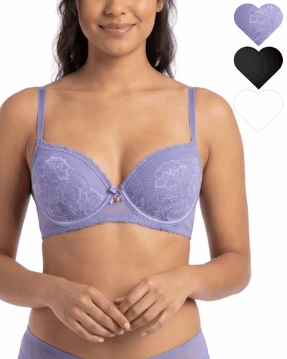 Woman wearing a purple bra with heart icons showing color options on a white background