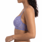 Woman wearing a purple bra and underwear set on a white background