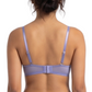 Person wearing a lavender lingerie set on a white background