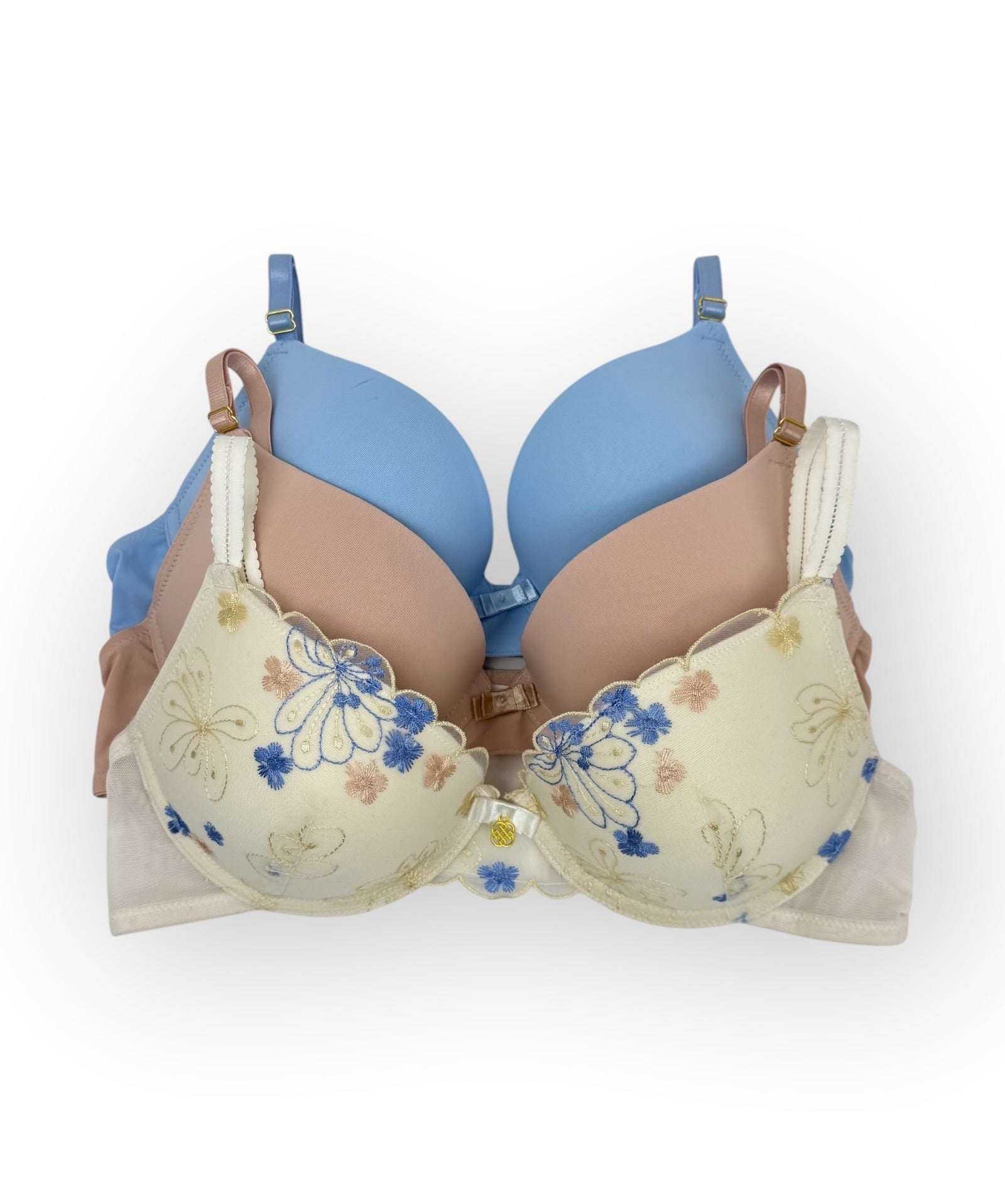Floral-patterned bra with blue and beige sections on a white background