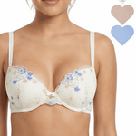 Woman wearing a floral embroidered bra with color swatches above her head.