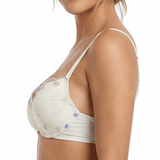 Woman wearing a white bra with floral lace details on a white background
