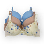 Floral-patterned bra with blue and beige sections on a white background