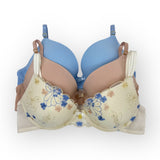 Floral-patterned bra with blue and beige sections on a white background
